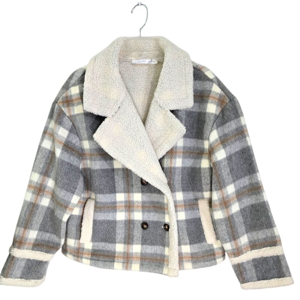 Altar D State Women's Gray Brown Plaid Jacket Double Breasted Long Sleeve Size M
